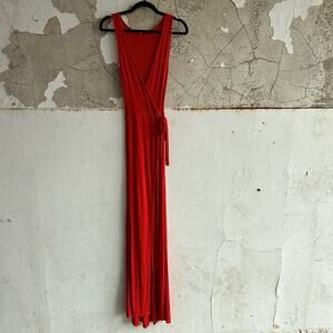 Wrap Maxi Dress Rib Knit Tie Waist Sleeveless‎ Red Retro See You Monday